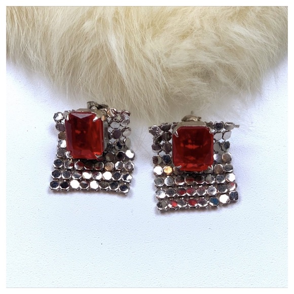 Vintage Jewelry - 3/$25 VINTAGE RED STONE MESH EARRINGS